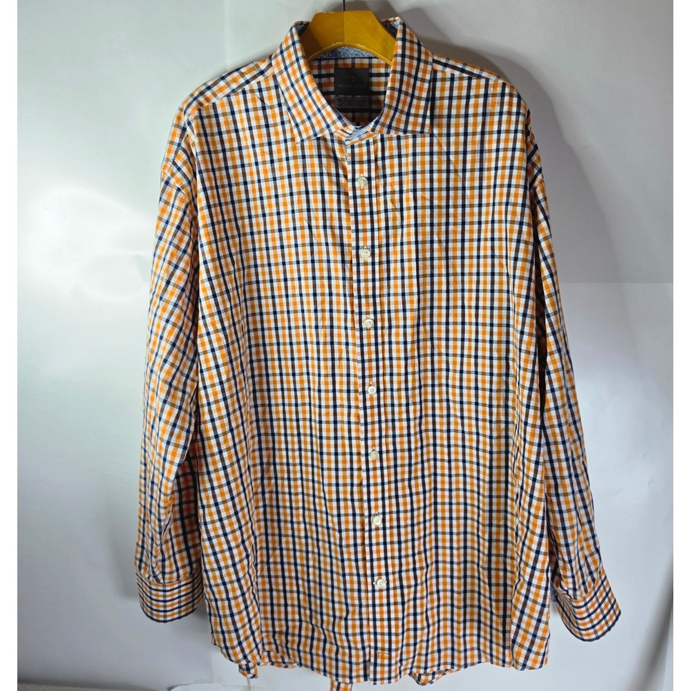 Thomas Dean Mens 2XB Big Tall Orange Blue Plaid LS Pima Cotton Flip Cuff Shirt